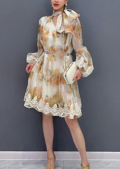 New Stylish Printed Lace Up Mid Dress Long Sleeve