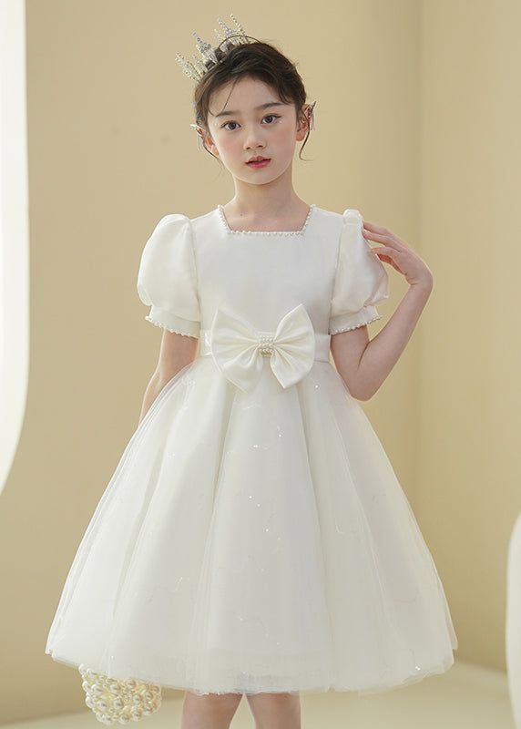 New White Nail Bead Bow Tulle Mid Dress Puff Sleeve