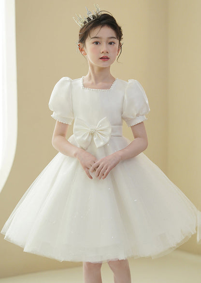 New White Nail Bead Bow Tulle Mid Dress Puff Sleeve