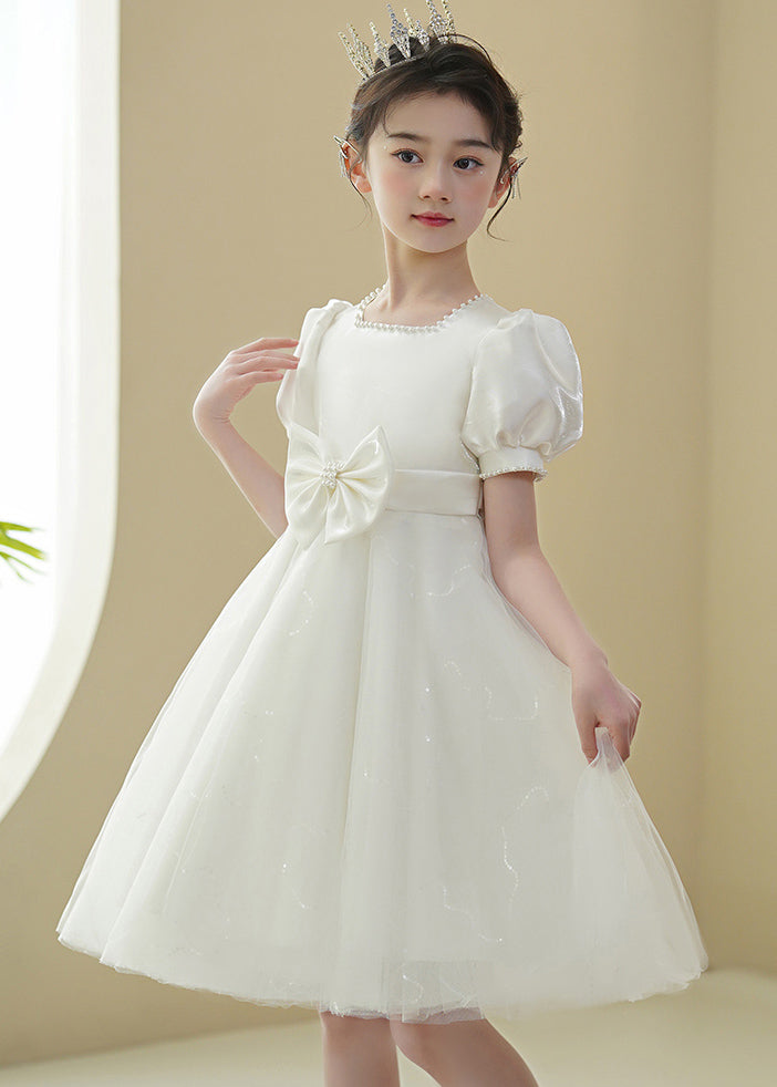 New White Nail Bead Bow Tulle Mid Dress Puff Sleeve