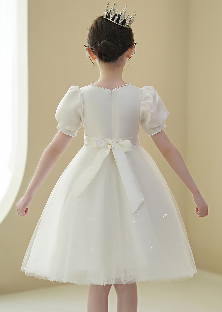 New White Nail Bead Bow Tulle Mid Dress Puff Sleeve