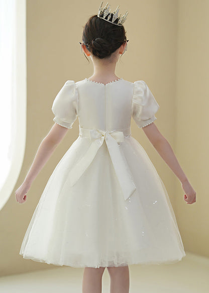 New White Nail Bead Bow Tulle Mid Dress Puff Sleeve