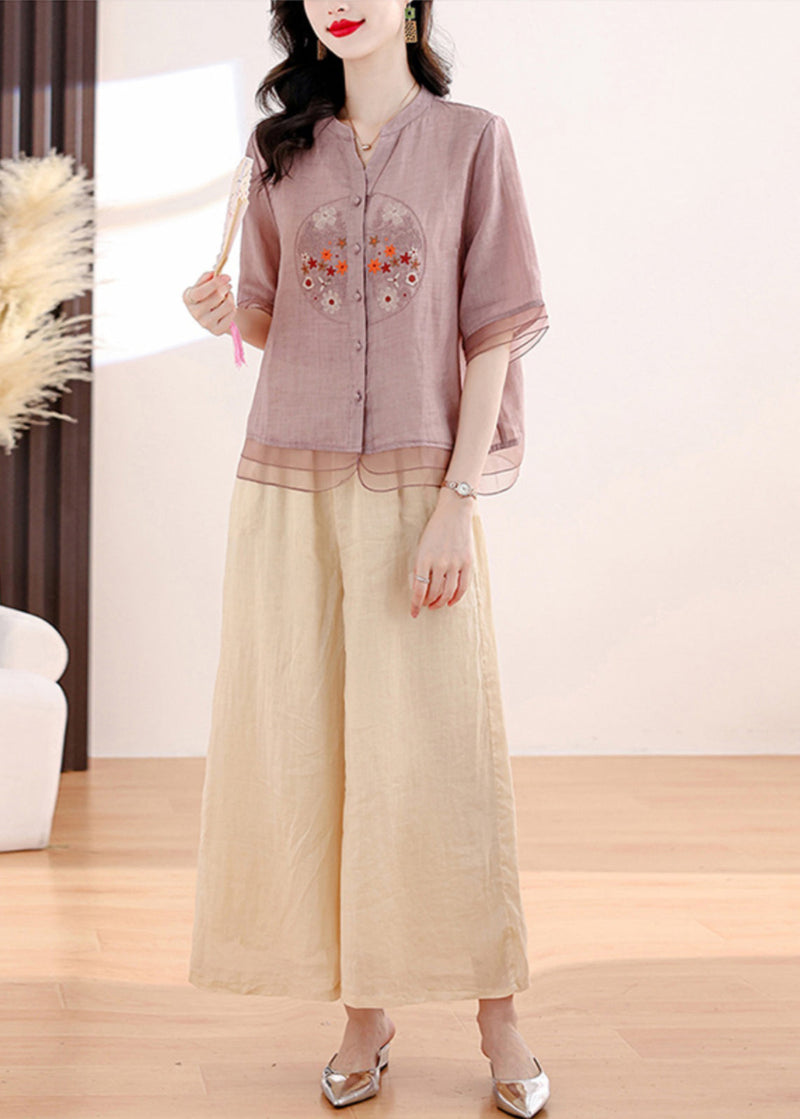 Summer New Linen Embroidered Top and Pants Two Piece Set