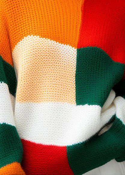 New Colorblock Hign Neck Knit Sweater Tops Spring