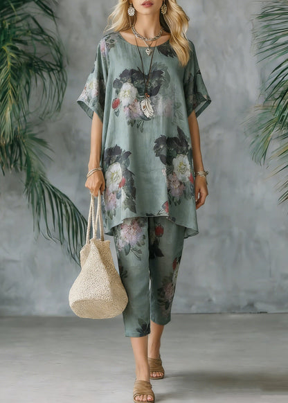 New Loose Green Print Short Sleeve Shirt Pants Linen Set