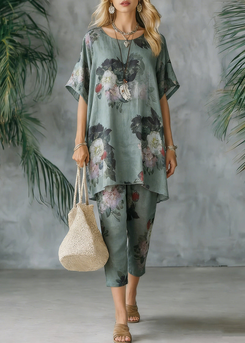 New Loose Green Print Short Sleeve Shirt Pants Linen Set