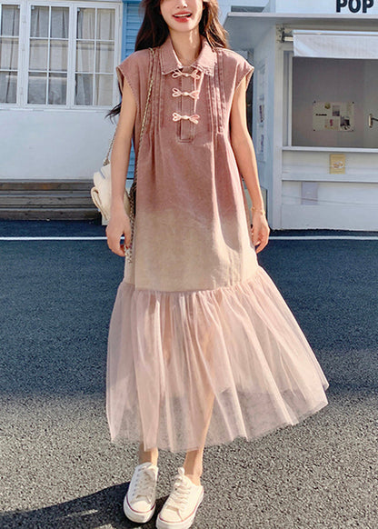 Summer Retro Pink Gradient Tulle Splicing Denim Shirt Skirt Dress