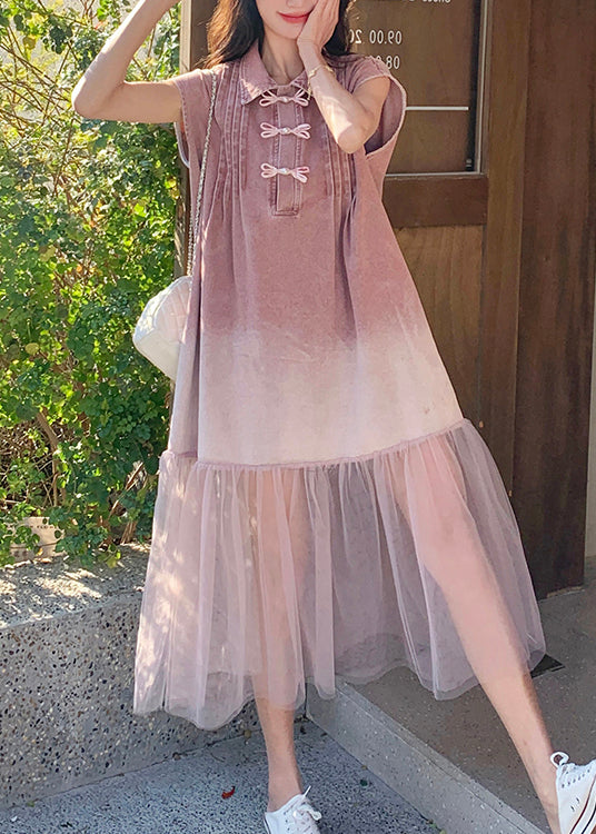 Summer Retro Pink Gradient Tulle Splicing Denim Shirt Skirt Dress