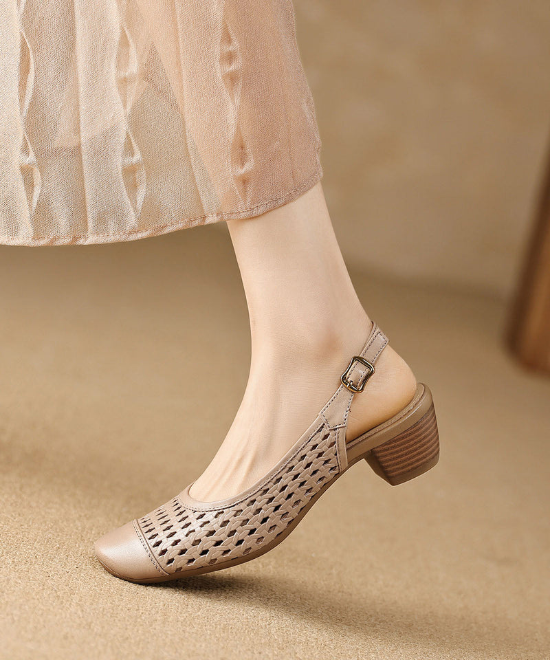 New Beige Hollow Out Splicing Chunky Sandals