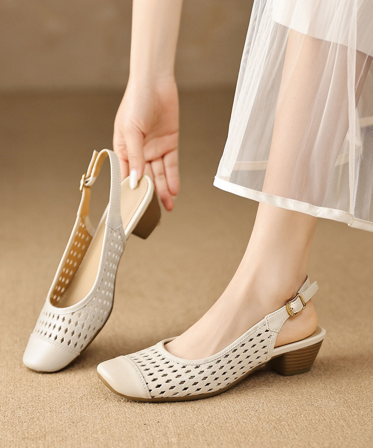New Beige Hollow Out Splicing Chunky Sandals