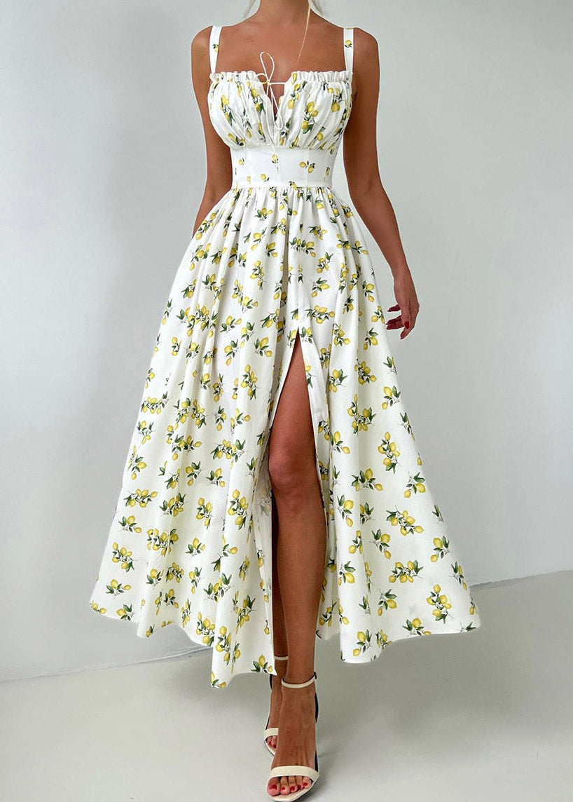 New Beige Print Side Open Long Spaghetti Strap Dress Sleeveless