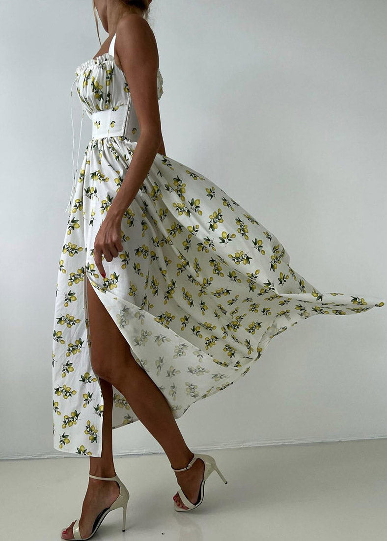 New Beige Print Side Open Long Spaghetti Strap Dress Sleeveless