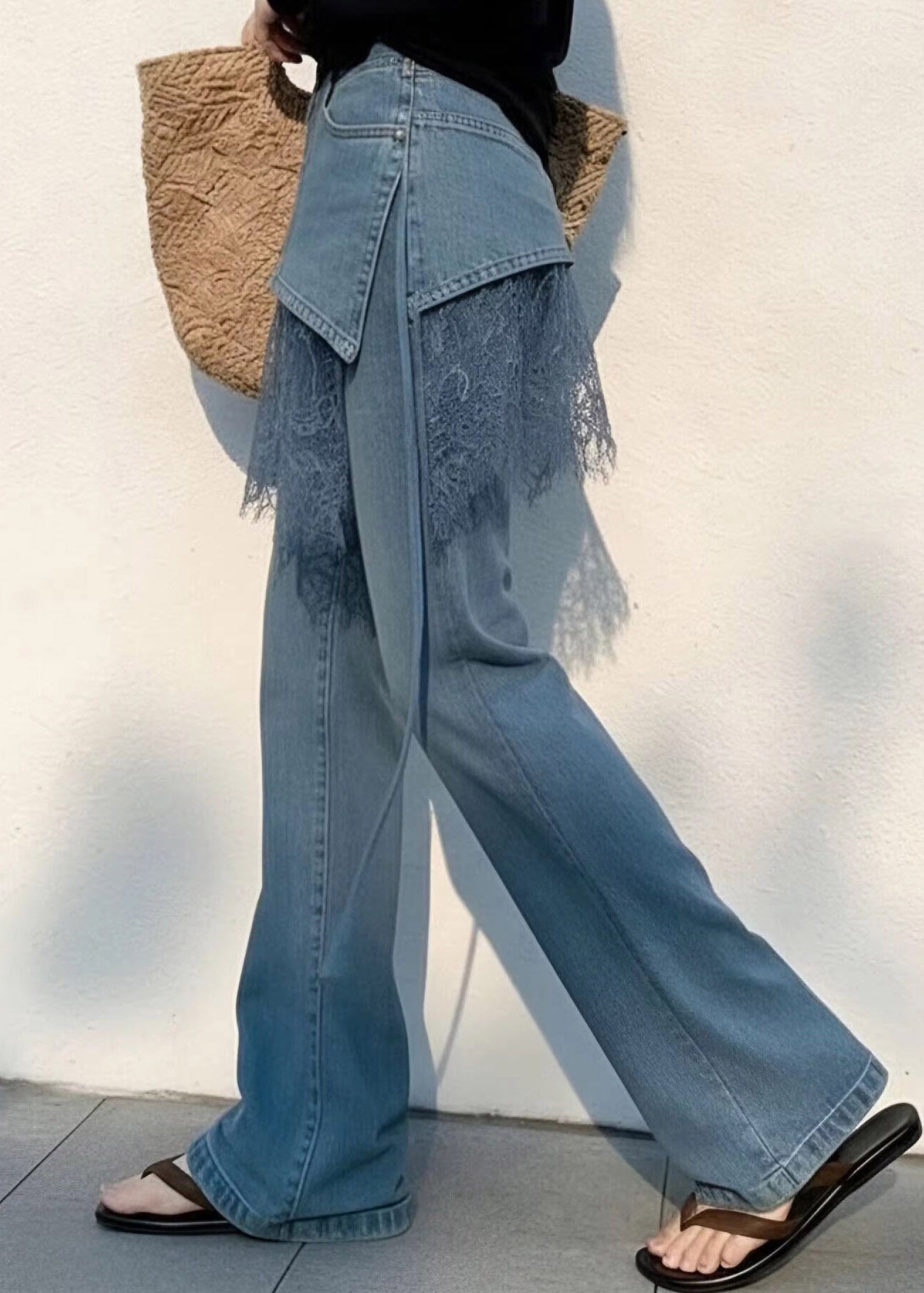 New Blue High Waist Lace Patchwork Straight Jeans Summer