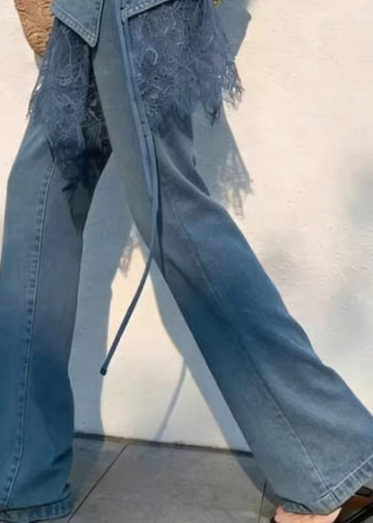 New Blue High Waist Lace Patchwork Straight Jeans Summer