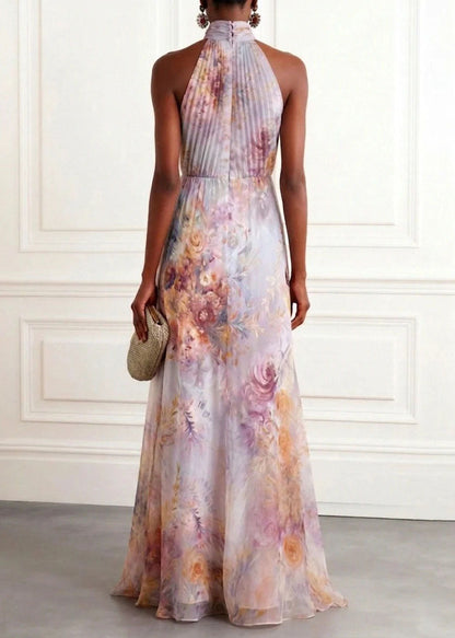 New Hanging Neck Print Chiffon Long Dresses Sleeveless