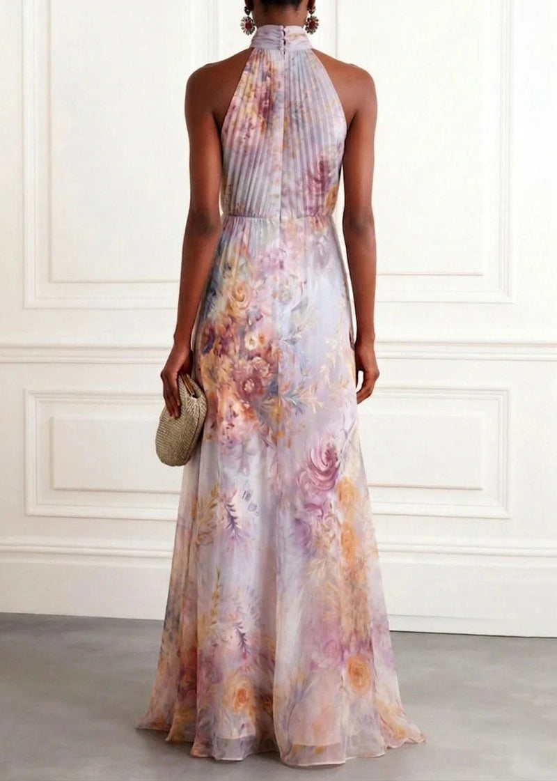 New Hanging Neck Print Chiffon Long Dresses Sleeveless