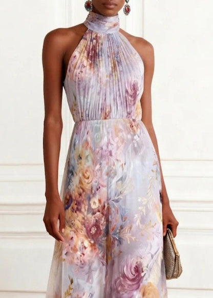 New Hanging Neck Print Chiffon Long Dresses Sleeveless