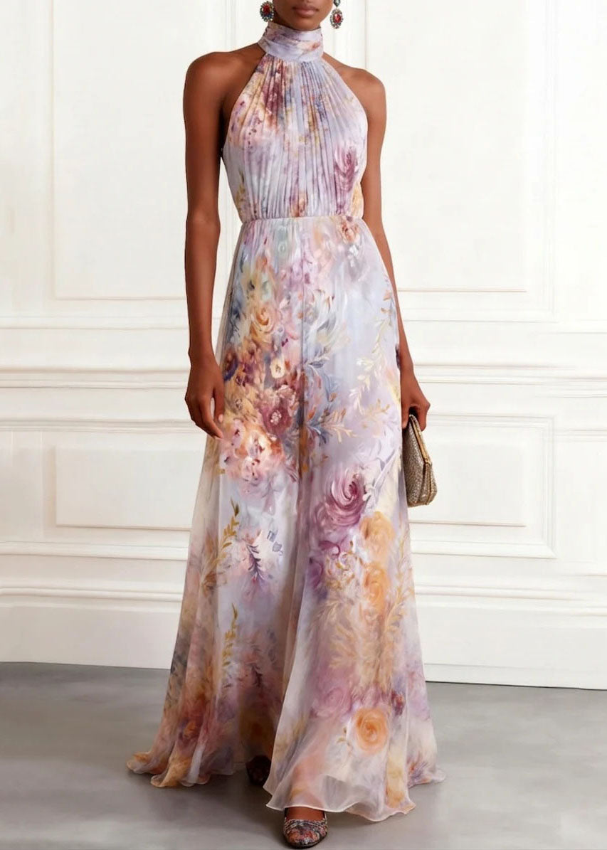 New Hanging Neck Print Chiffon Long Dresses Sleeveless
