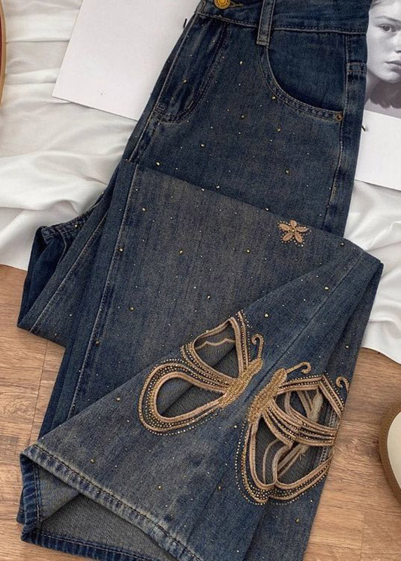New Hollow Out Butterfly Zircon Straight Jeans