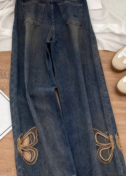 New Hollow Out Butterfly Zircon Straight Jeans