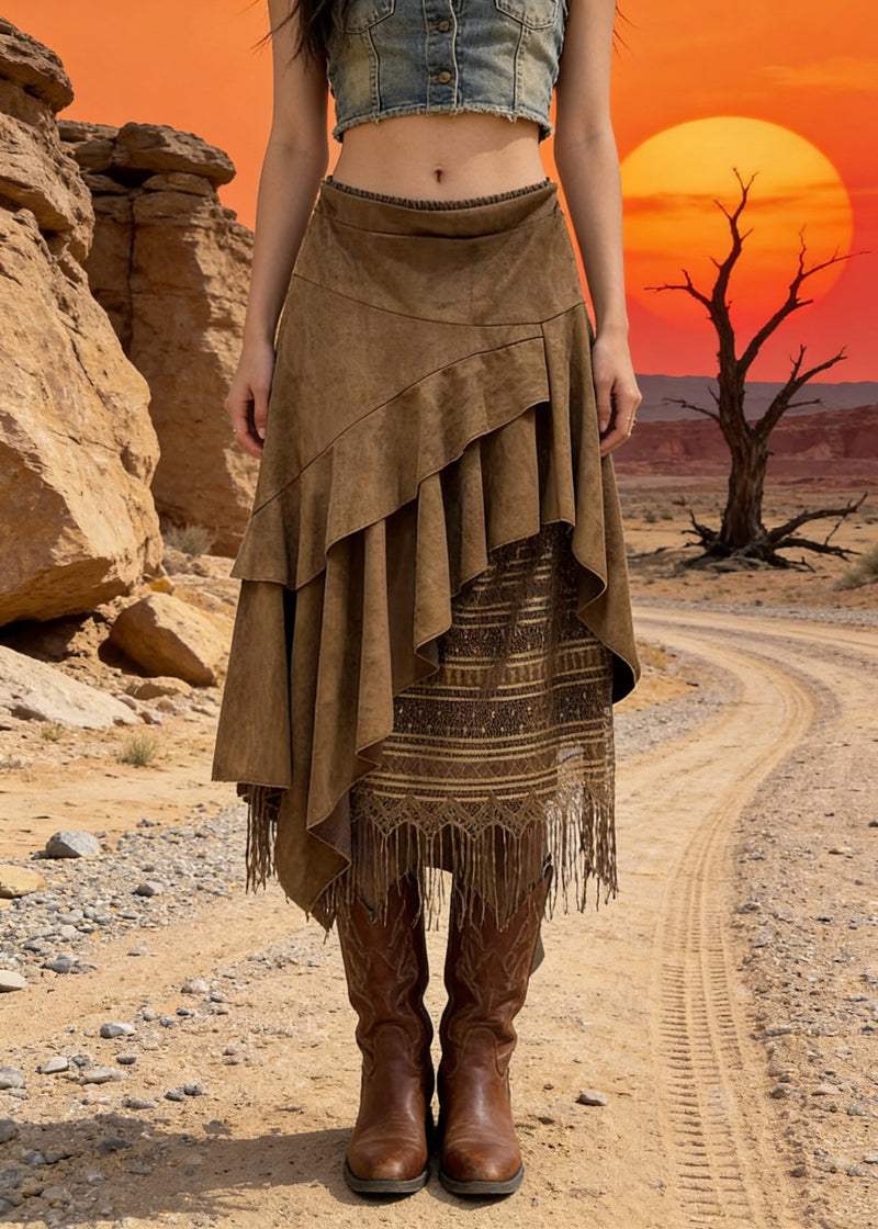 New Khaki Asymmetrical Design Faux Suede Skirts Spring
