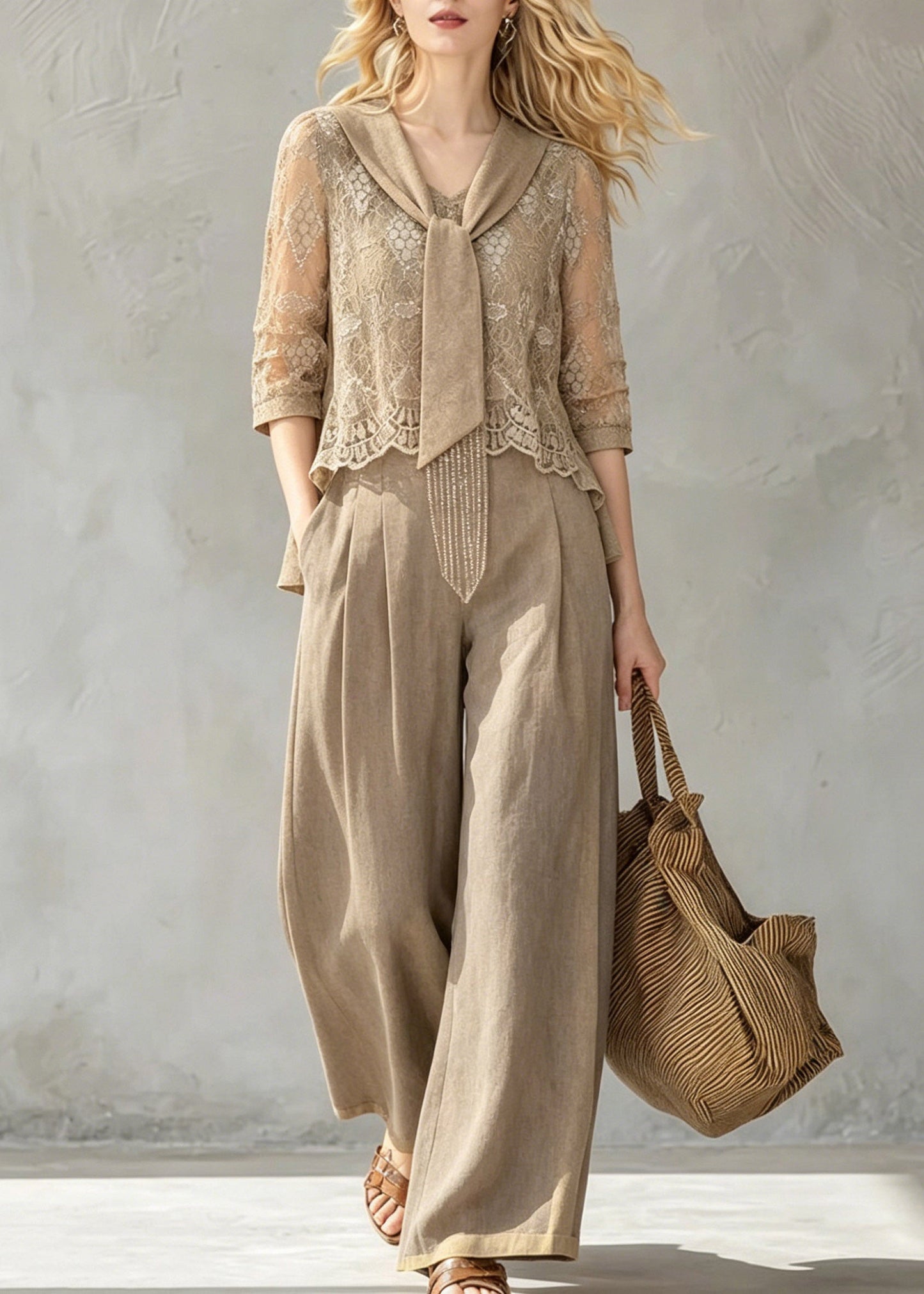 New Khaki Bow Lace Top and Wide Leg Pants Two Pieces Set Half Sleeve