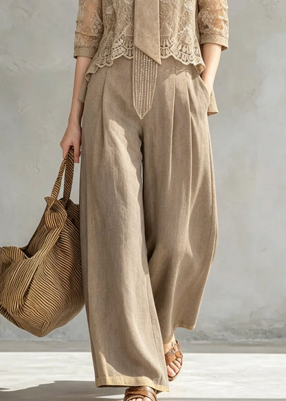 New Khaki Bow Lace Top and Wide Leg Pants Two Pieces Set Half Sleeve