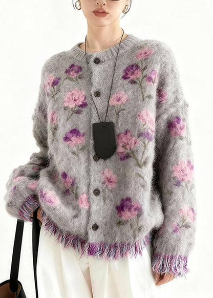 New Purple Print Button Tassel Cotton Knit Cardigans Spring