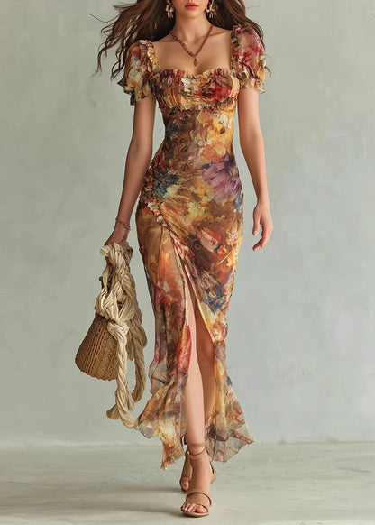 New V-neck Ruffle Print Side Open Chiffon Dress Summer
