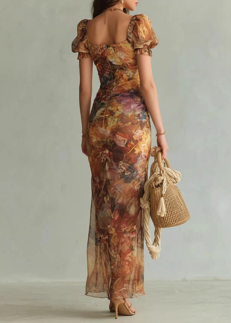 New V-neck Ruffle Print Side Open Chiffon Dress Summer