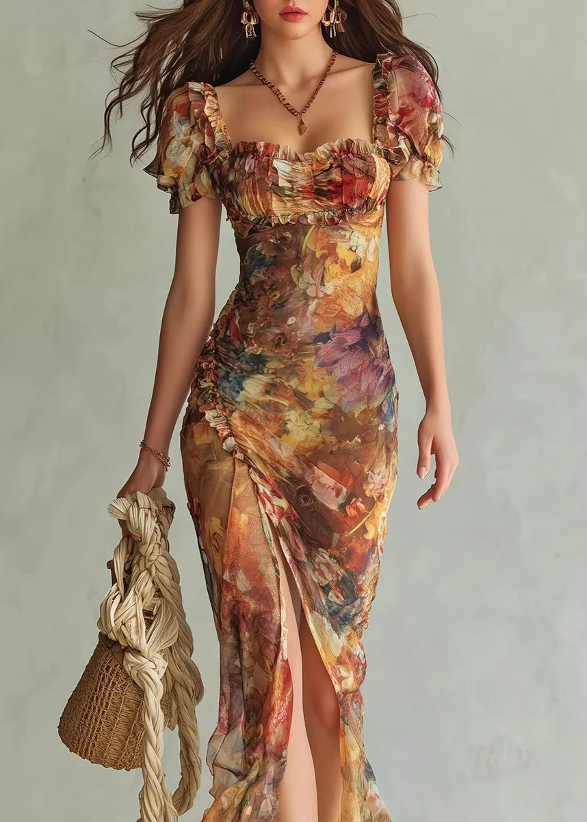 New V-neck Ruffle Print Side Open Chiffon Dress Summer