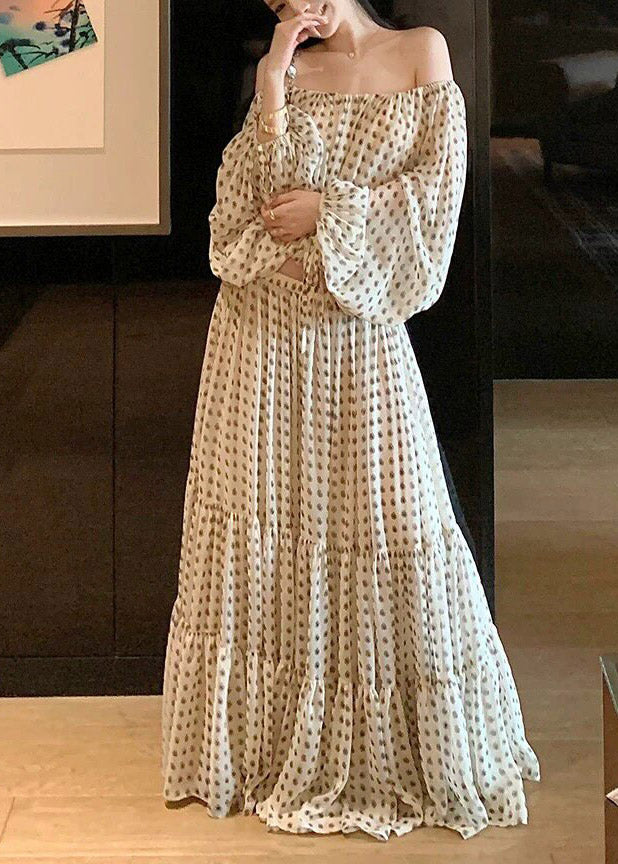 New White Cold Shoulder Top and Maxi Skirts Two Pieces Set Lantern Sleeve