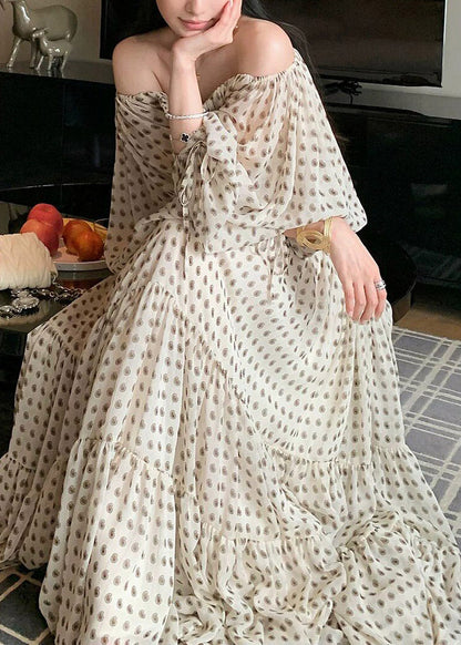 New White Cold Shoulder Top and Maxi Skirts Two Pieces Set Lantern Sleeve