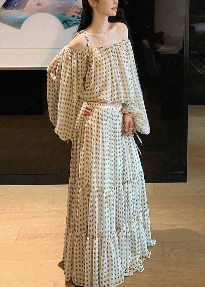 New White Cold Shoulder Top and Maxi Skirts Two Pieces Set Lantern Sleeve