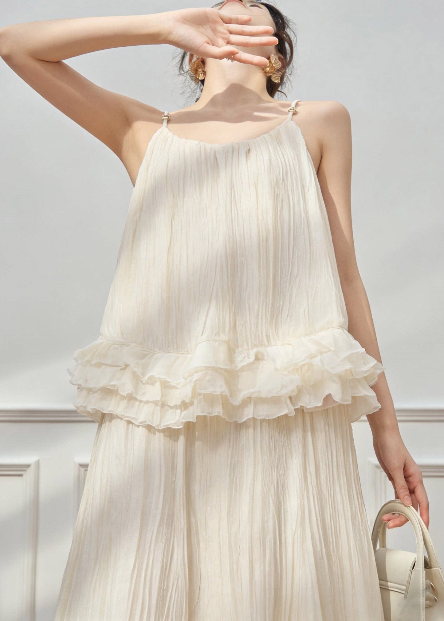 New White O-neck Vest and Maxi Skirts Two Pieces Set Sleeveless
