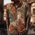 Bohemian Style Plant And Flower Pattern Men's Retro Cotton And Linen Shirt artswardrobe