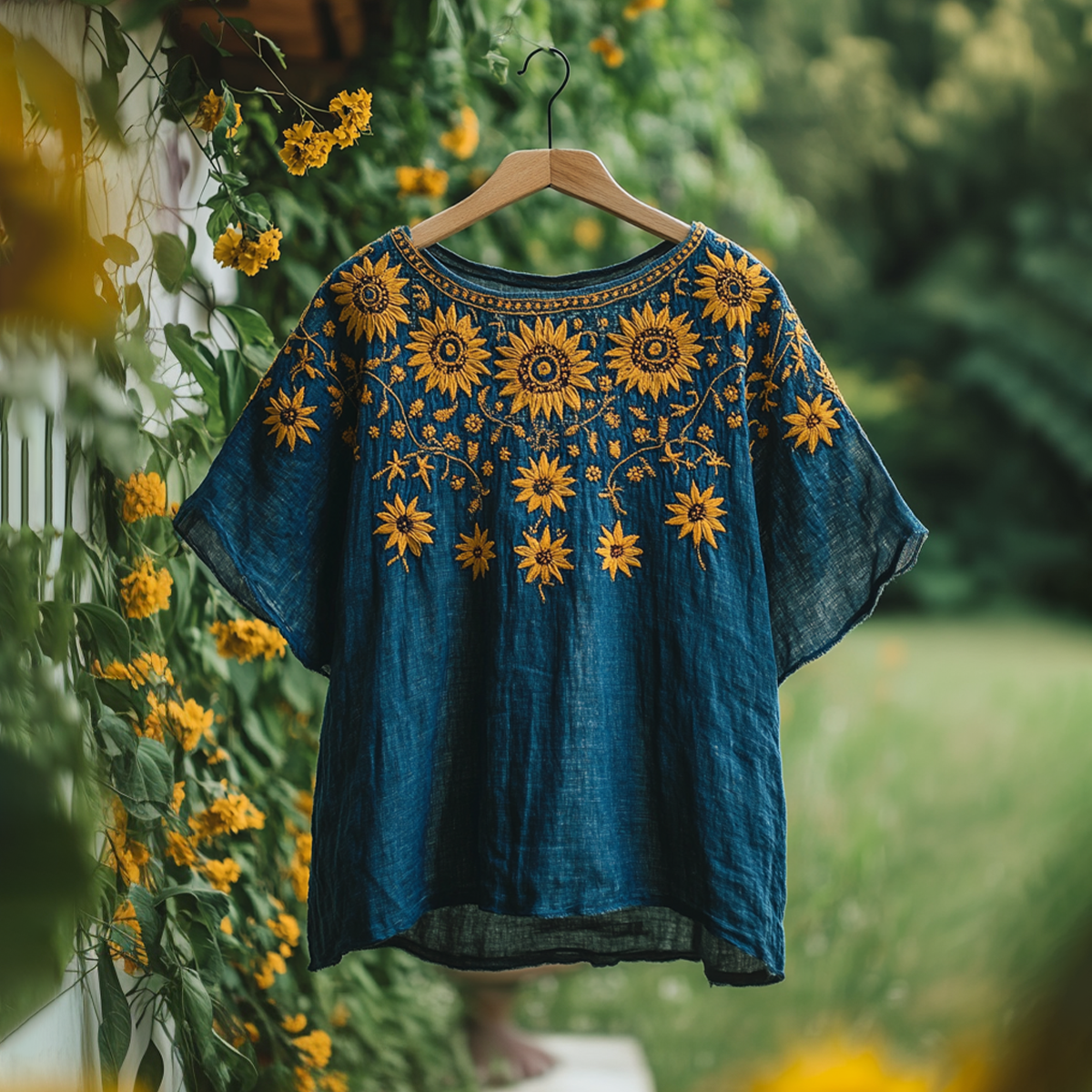 Women's Bohemian Retro Sunflower Round Neck T-shirt artswardrobe