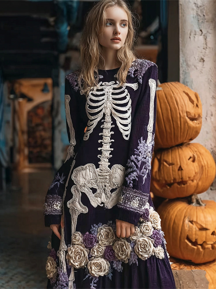 Comstylish Skeleton & Floral Embroidered Women's Flannel Maxi Dress