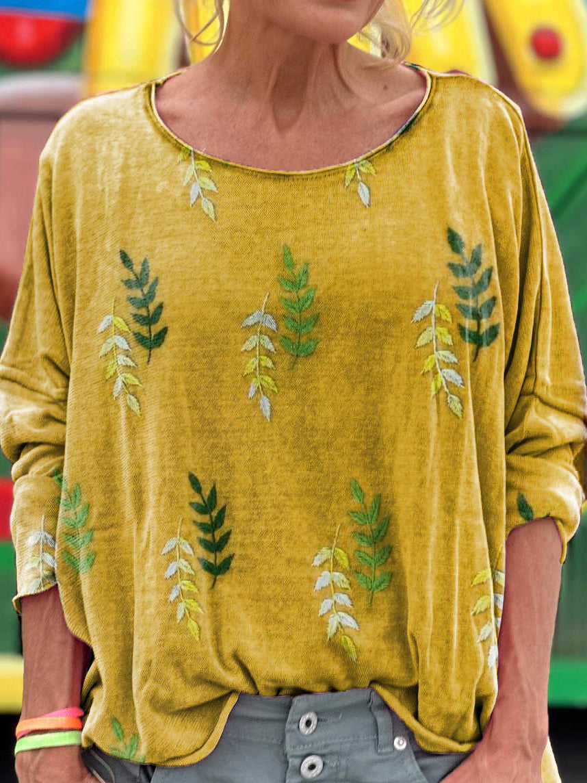 Women's Vintage Leaf Art Print Casual Long Sleeve T-shirt