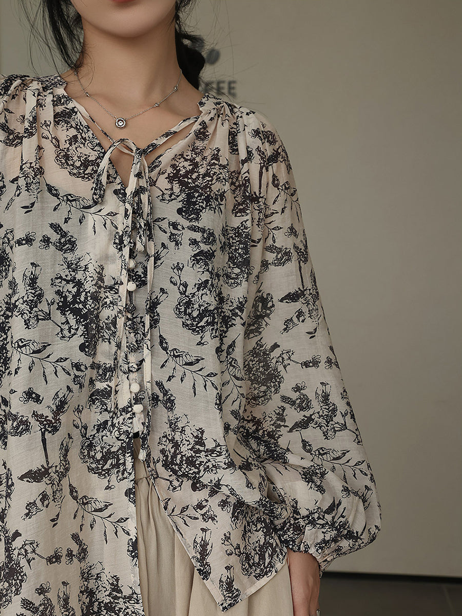 Artsy Drawstring Ornate Button Leaf Print Shirt