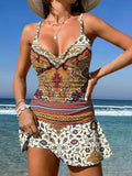 V-Neck Retro Mandala Symmetrical Pattern Art Print Suspender Skirt Tankini Pantskirt Set Swimsuit