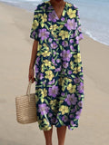 Retro Style Purple And Yellow Floral Pattern Printed Women's Flowy Dress