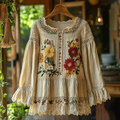 Comstylish Women's Vintage Embroidered Floral Lace Art Loose Blouse