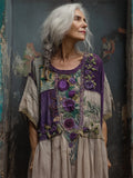 Vintage Cottagecore Purple Roses Embroidered Patchwork Linen Maxi Dress artswardrobe