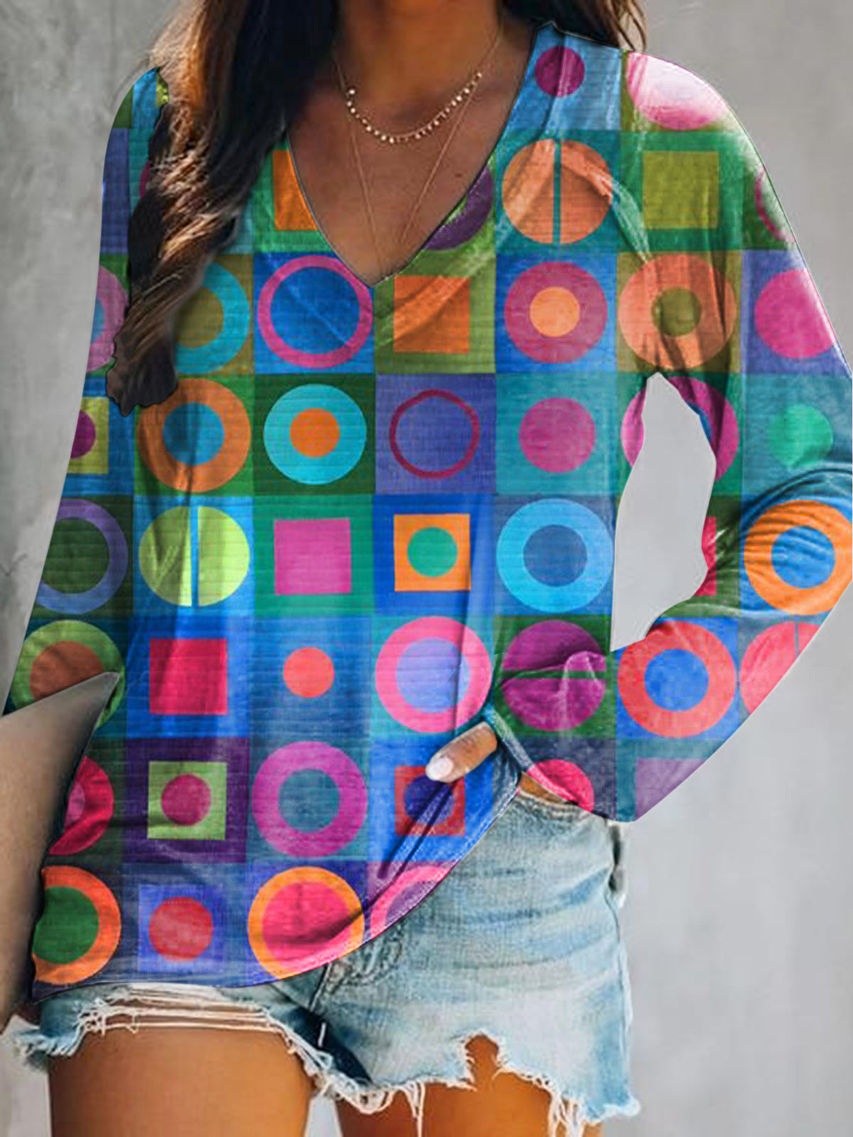 Women's Casual Retro Abstraction Art Print V Neck Long Sleeve Tops