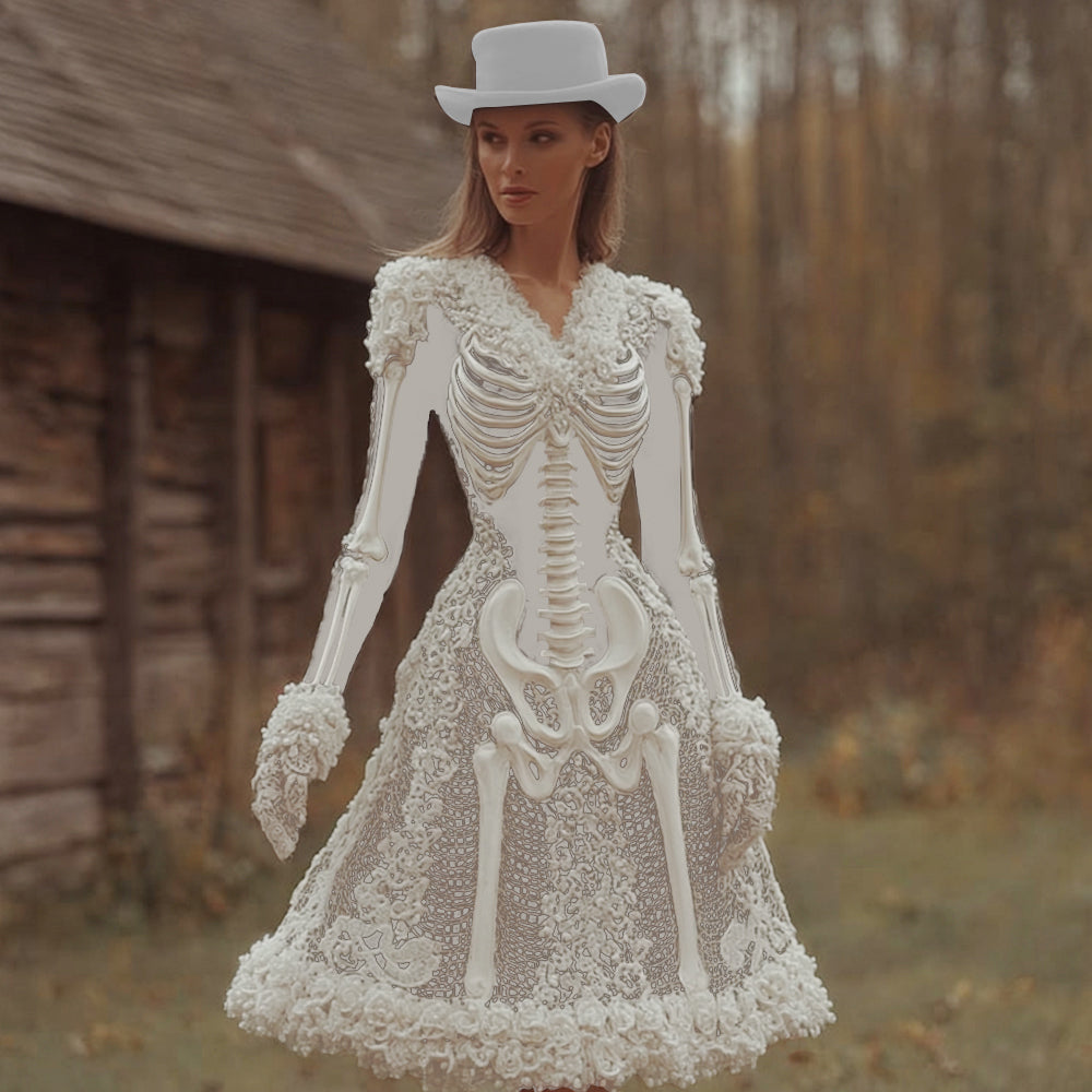 Comstylish Women's Halloween Skeleton And Rose Lace V-neck Dress