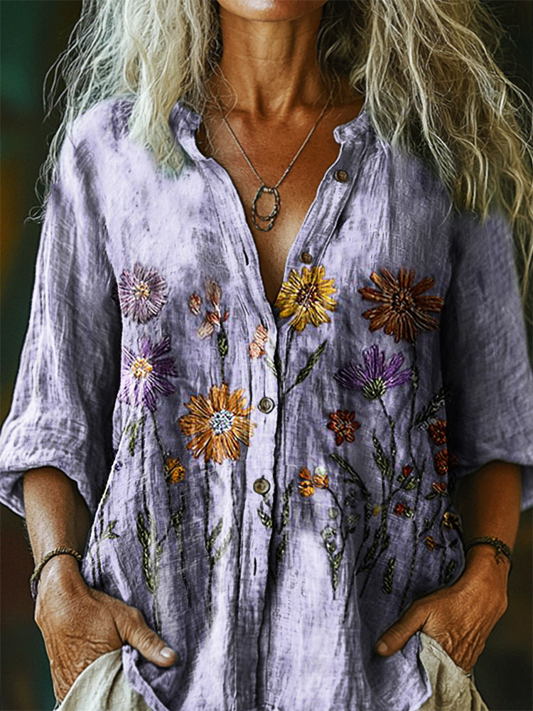 Women's Vintage Floral Art Print Casual Cotton Linen Shirt