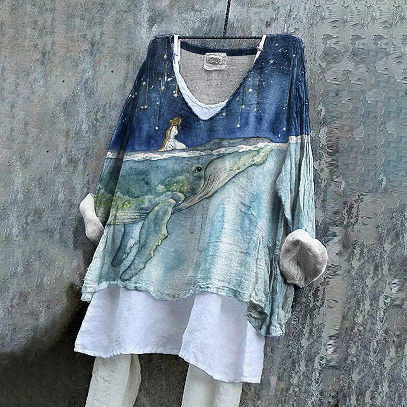 Comstylish Vintage Fantasy Watercolor Painting Of Girl On Whale's Back Dreamy Art Pattern Linen Blend Tunic