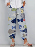 Comstylish Vintage Fish Japanese Art Linen Blend Cropped Casual Pants