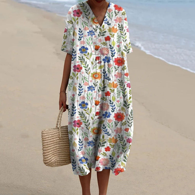Comstylish Women's Pastoral Floral Art Print Casual Cotton Linen Dress
